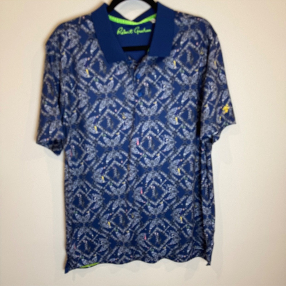 Robert Graham Mens XL Classic Fit Short Sleeve Polo Shirt Tropical Bird Print